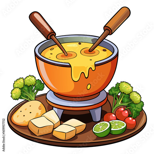 Cartoon illustration of a fondue pot with cheese. vegetables. and bread on a platter.