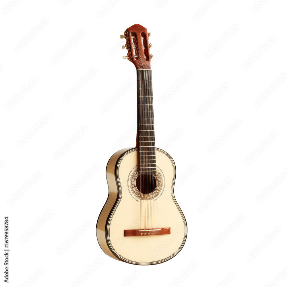Fototapeta premium Classic acoustic guitar with wooden body and detailed craftsmanship, perfect for music lovers and musicians. This instrument showcases elegance and quality