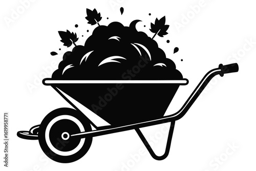 Black Wheelbarrow with Soil and Leaves for Gardening Tasks Icon Vector