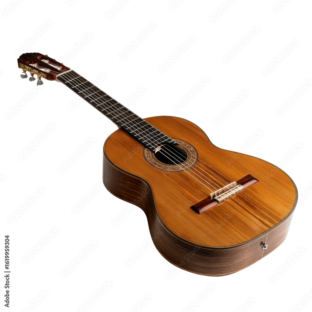 Fototapeta premium Classic acoustic guitar with wooden body and detailed craftsmanship, perfect for music lovers and musicians. warm tones and elegant design enhance any performance