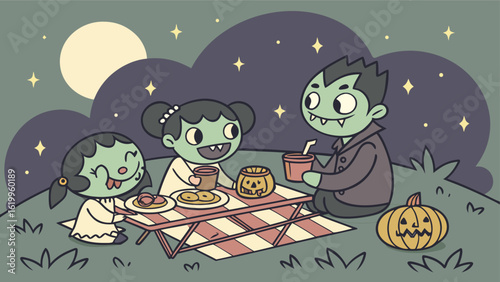 Cute cartoon vampires and monsters enjoying a spooky halloween picnic under a full moon and starry night sky with pumpkins and treats