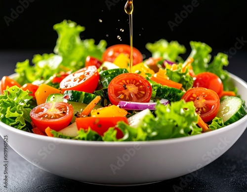 Vegetable salad with fresh lettuce, cherry tomatoes, sliced cucumber and olive oil glistening on top