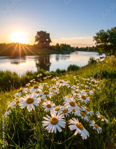 Scenic sunrise over a river with wildflowers