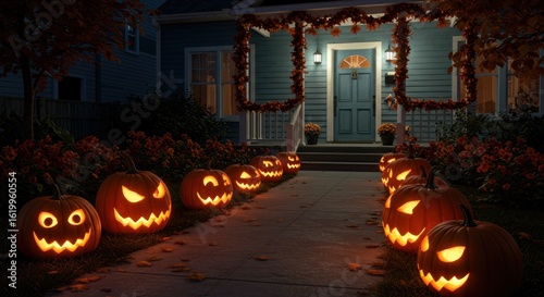 A quaint blue house, adorned with autumn leaves, is illuminated by glowing jack-o'-lanterns lining its walkway on a tranquil Halloween night.  