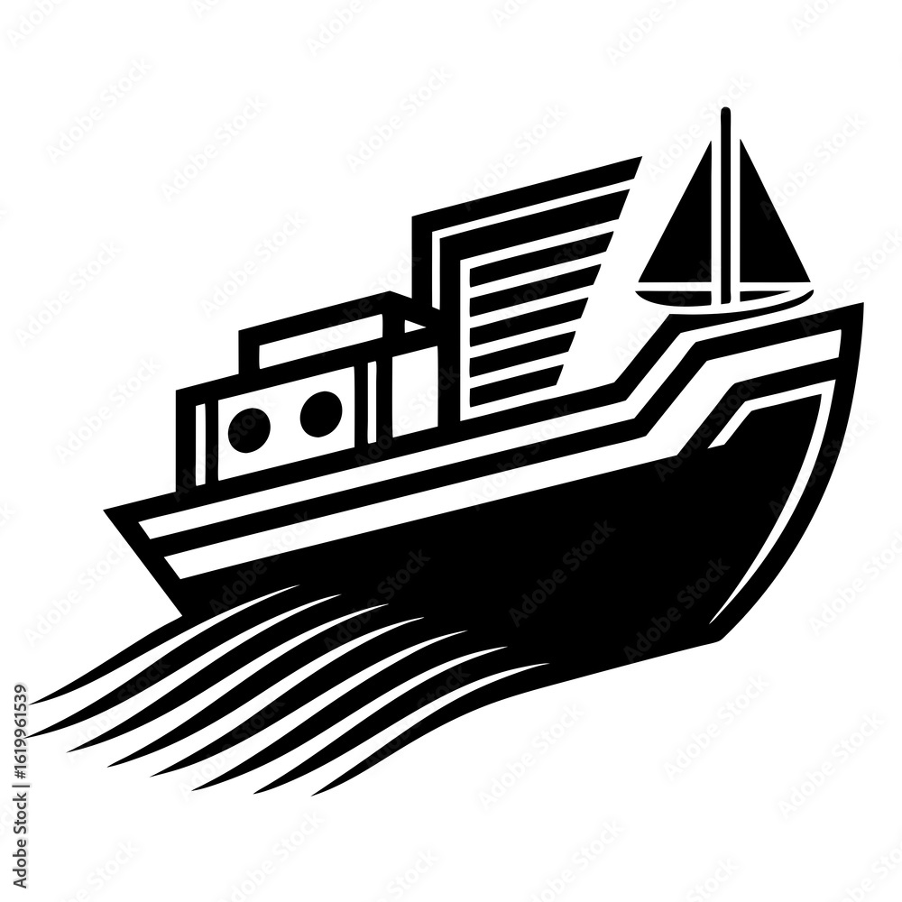 Fototapeta premium Stylized Black and White Cargo Ship Sailing.