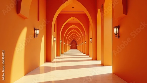 An orange archway walkway with consistent lighting.