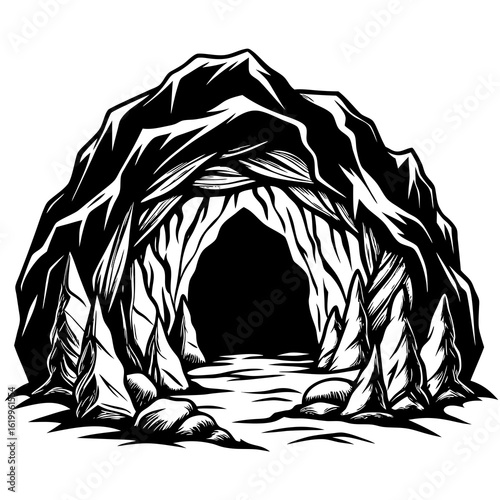 Stylized Black and White Cave Entrance Illustration.