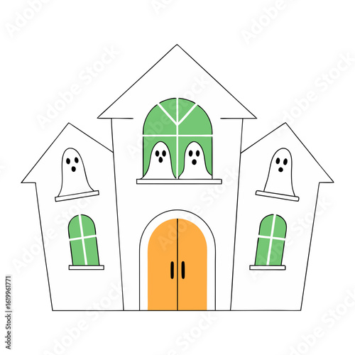 Spooky haunted house with ghost faces in windows silhouette