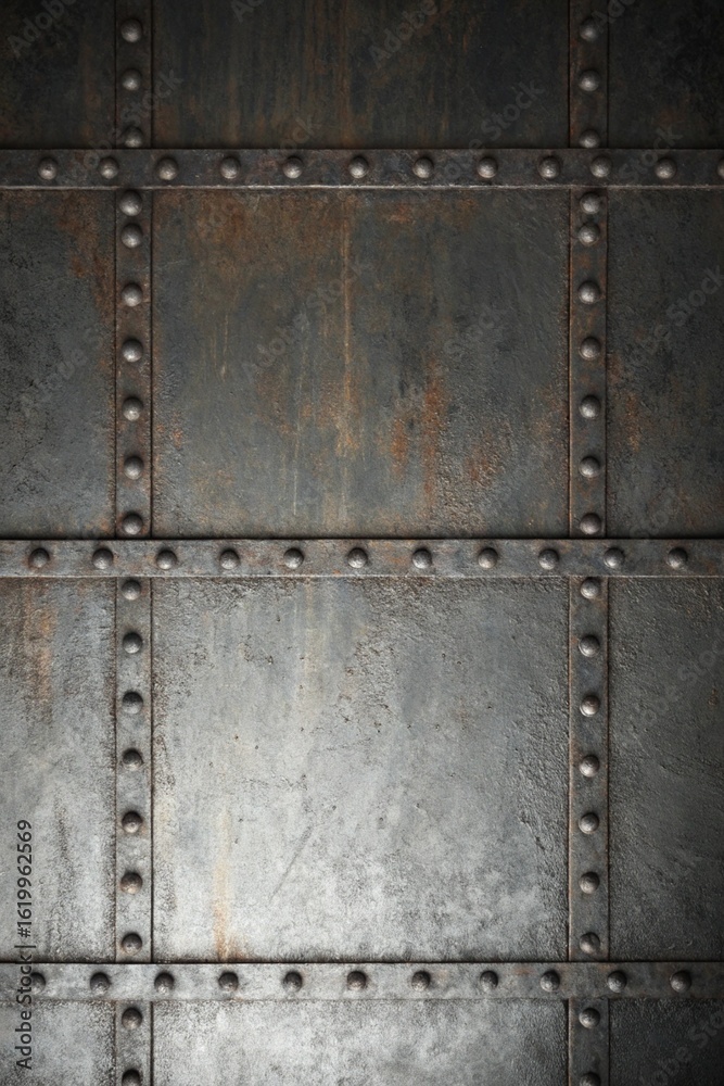 Fototapeta premium Detailed close up of a metal panel with rivets, creating a textured and industrial background for various creative projects and designs