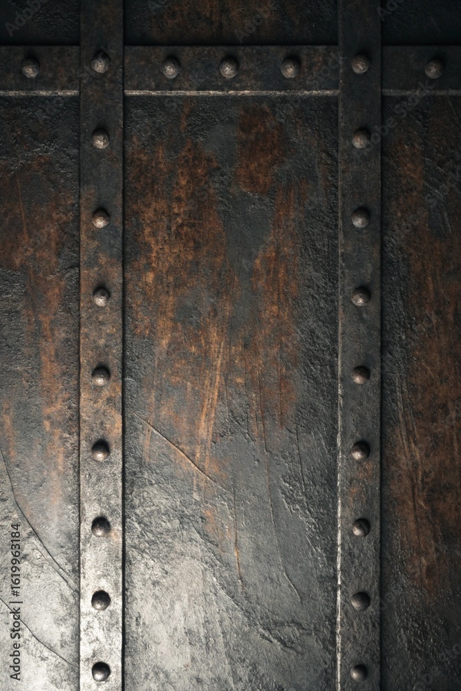 Fototapeta premium Detailed view of a metal panel with rivets, creating a textured and industrial background for creative and design applications