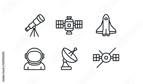 straight perfect stroke icon mono icons style isolated telescope lens station module shuttle wing suit helmet radar dish probe antenna