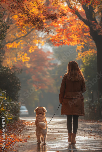 Woman walking a dog in the rain.