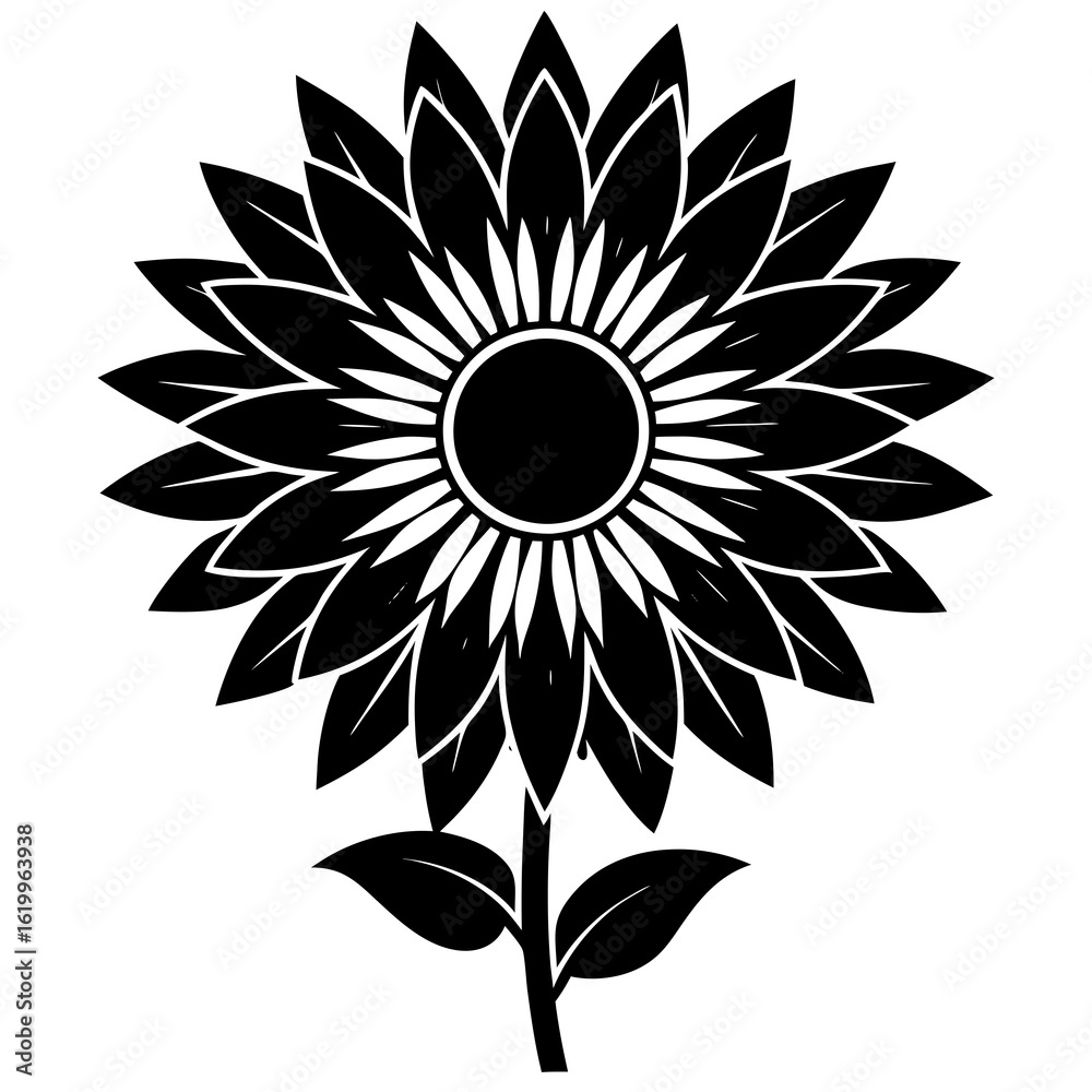 Fototapeta premium Stylized Black Sunflower Silhouette with Leaves.
