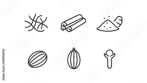 straight perfect stroke icon mono icons style isolated spices saffron spices cinnamon bark spices turmeric powder spices nutmeg seed spices cardamom pod spices cloves bud