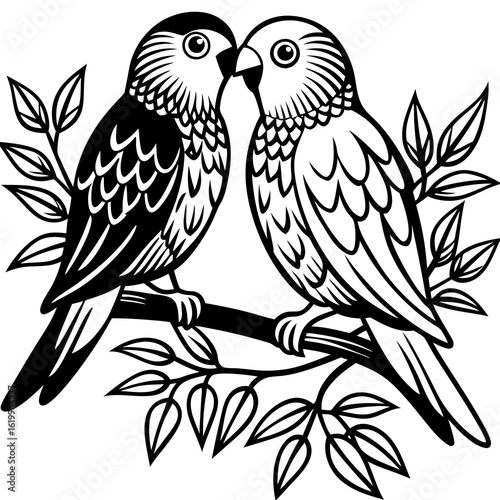 Two Lovebirds Perched on a Branch 1.