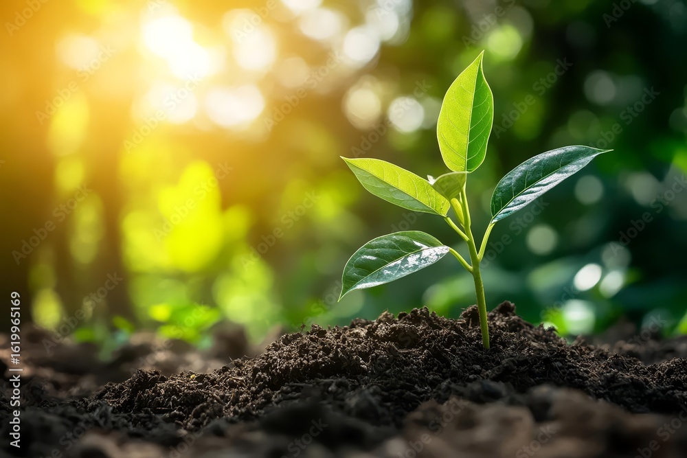 Fototapeta premium Young Plant Growing in Soil Bathed in Sunlight Nature