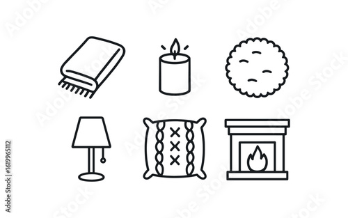 straight perfect stroke icon mono icons style isolated coziness throw blanket coziness candle glow coziness plush coziness ambient lamp coziness knitted cushion coziness fireplace mantel