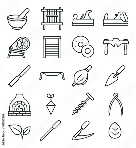 Vintage craft tools set icon collection on gray background