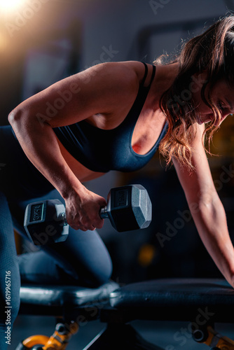 Biceps training with dumbbells engages a woman, lifting weights to build strength during a focused gym session.