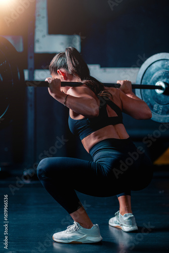 Exercising with weights, a woman uses a barbell and weights for training, building strength in a supportive gym environment.