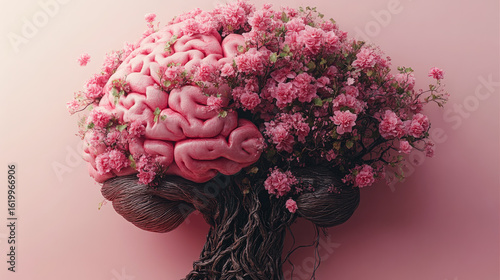 Surreal depiction of a human brain intertwined with blooming pink flowers, representing creativity, intelligence, and natural beauty.
