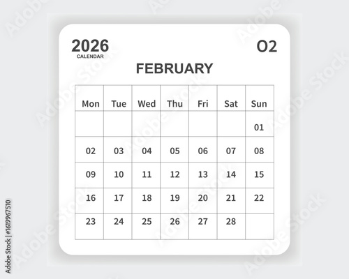 Calendar 2026 February one page corporate unique business design template
