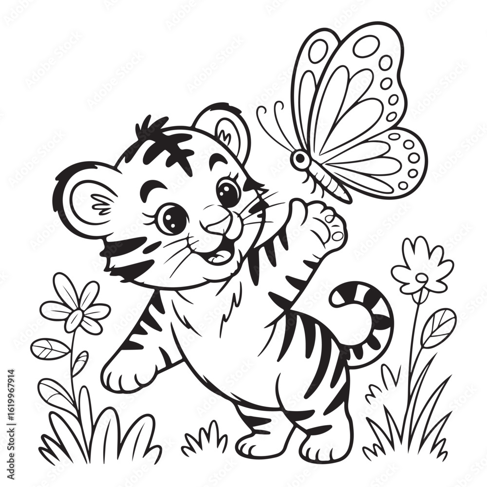 Obraz premium Cartoon tiger cub playing with a butterfly in a flower field coloring page 