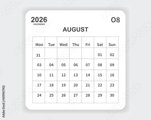 Calendar 2026 August one page corporate unique business design template