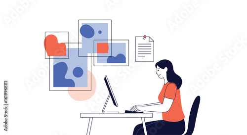 Creative professional working on a computer designing digital graphics and illustrations on a white background