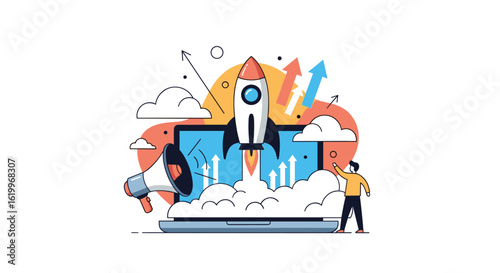Business growth startup launch rocketship success strategy development plan presentation slide