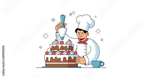 Skilled chef expertly decorates multi tiered chocolate cake with cream icing and cherries creating a culinary masterpiece