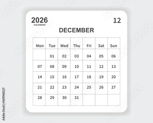 Calendar 2026 December one page corporate unique business design template