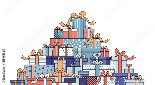 A huge pile of wrapped gifts decorated with colorful ribbons and bows awaiting celebration