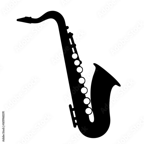 Simple graphic illustration of a black saxophone with keypads on a white background