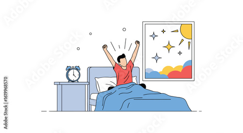 Young man waking up and stretching in bed on a sunny morning ready for a new day of activity and productivity