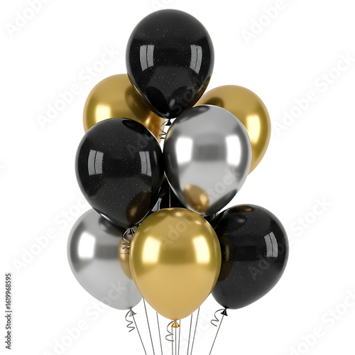 Elegant Balloons in Gold Silver and Black on a Dark Background for Celebrations and Festive Occasions