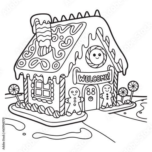 Illustration of a gingerbread house with welcome banner coloring page 