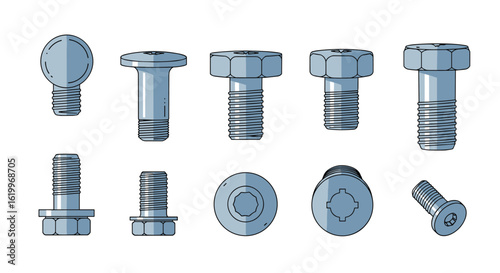 Collection of metal fasteners and screw types demonstrating various head styles and thread patterns