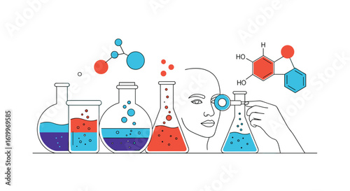 Visual representation of chemistry experiments and molecular structures with abstract scientific illustrations