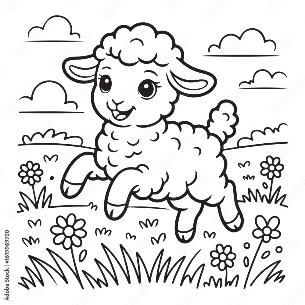 Obraz premium Cartoon lamb jumping in a field of flowers outline drawing coloring page 