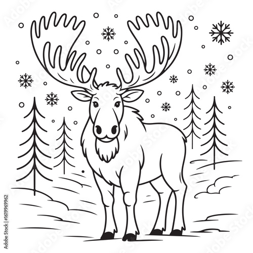 Moose in winter scene with snowflakes and trees outline coloring page 