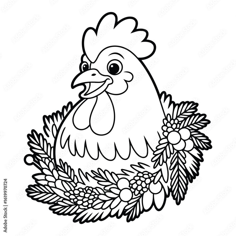 Fototapeta premium Line art rooster with floral wreath coloring page style 