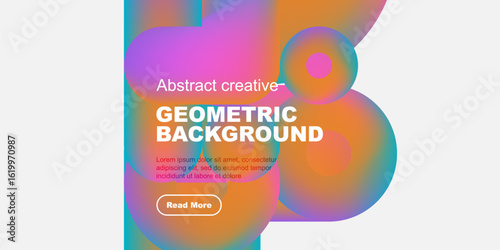 Abstract colorful shapes overlap white space. Text promotes geometric background design, includes read more button.