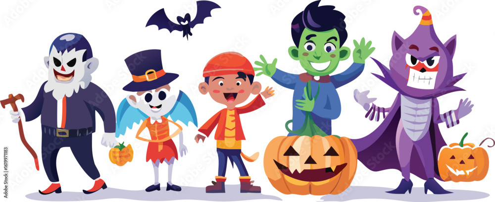 Obraz premium A fun cartoon boy character with a funny hat enjoys trick-or-treat Halloween with a jack-o'-lantern