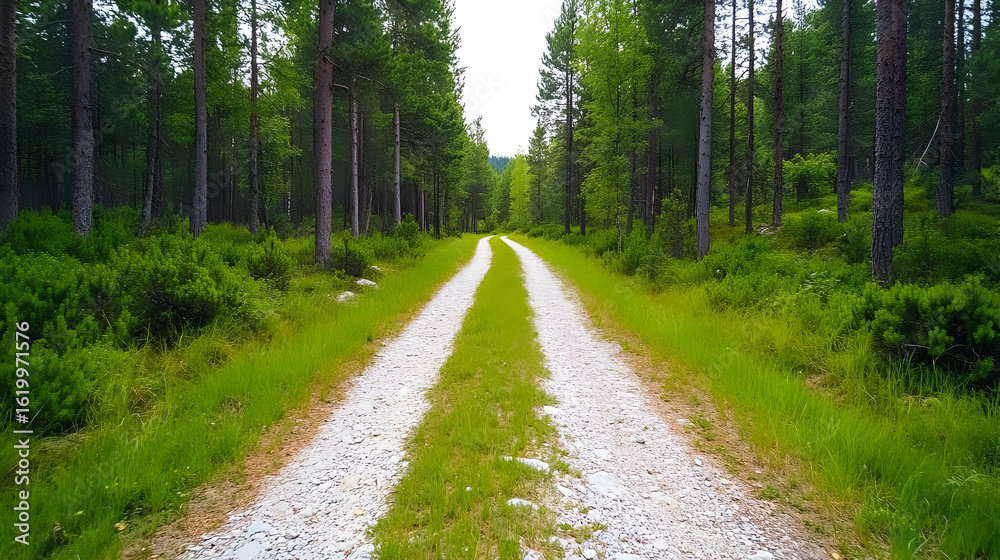 Fototapeta premium Forested mountain path with lush green pines and grey rocks