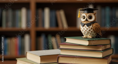 Wallpaper Mural Owl figurine in graduation cap sits on books against a bookshelf backdrop Torontodigital.ca