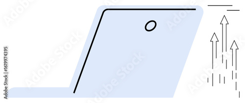 Open laptop with simplistic design accompanied by arrows pointing upwards. Ideal for growth, innovation, progress, digital transformation, technology, productivity, creativity. Flat simple metaphor
