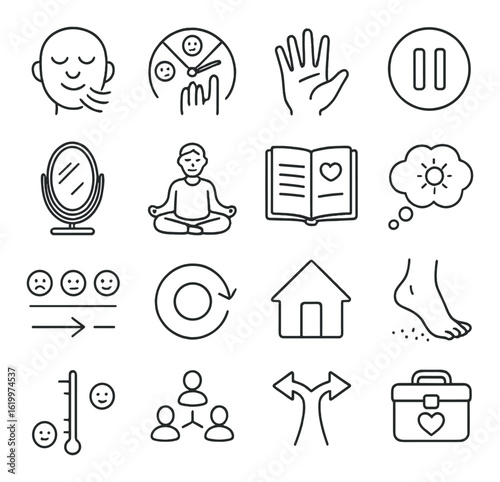 Mental health icons: mindfulness, meditation, reflection, relaxation, wellness