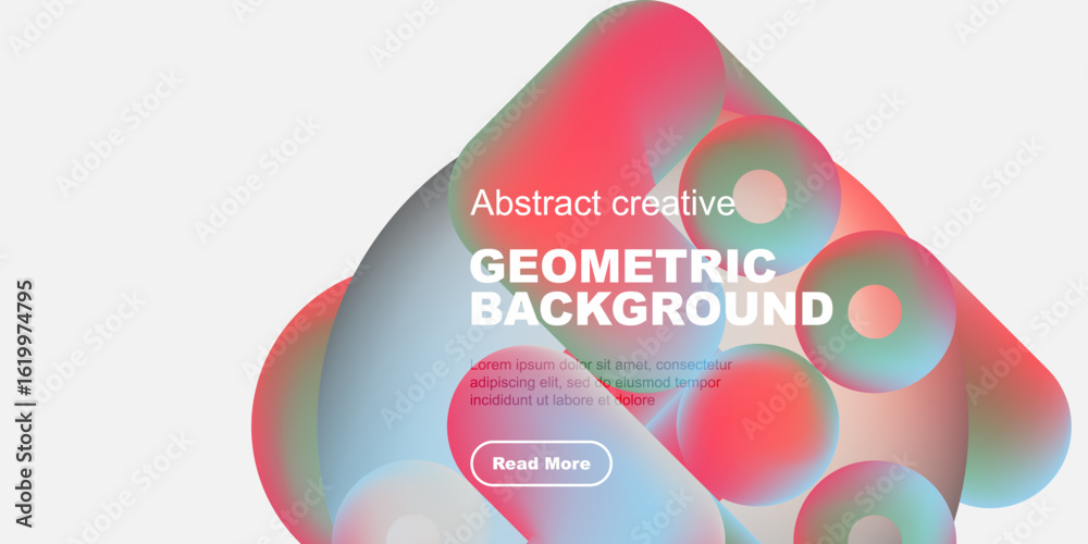 Fototapeta premium Abstract geometric background features vibrant overlapping shapes, text, button. Modern design, colorful gradients create dynamic visual impact.