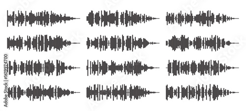 Audio wave tune print, voice message, podcast audio recording. Vector audio player soundwave visualization or voice message sound wave. Podcast audio streaming. Music, sound concept.
